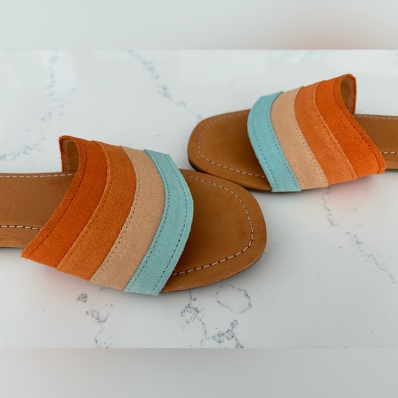 UGG Ximena slides sandals size 8 suede multi stripes in mandarin and sky - Picture 4 of 6